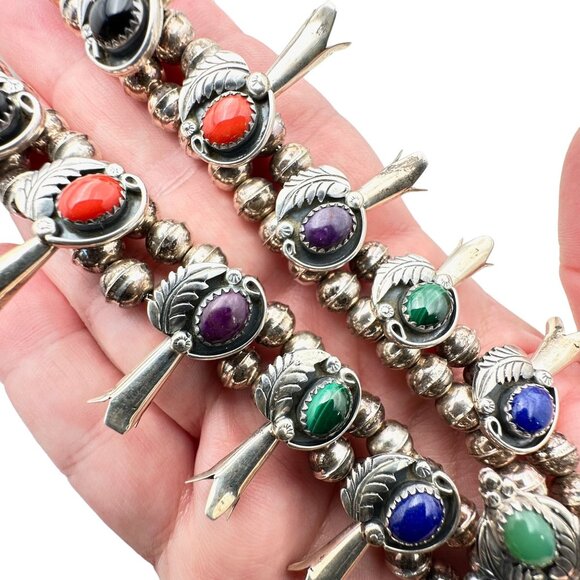 Native American M Haley Sterling Silver Gemstone Squash Blossom Necklace 100 GMS - Picture 6 of 15